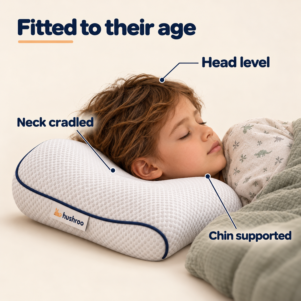 Child asleep on their side on the Hushroo pillow — head level, neck cradled, chin supported
