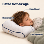 Child asleep on their side on the Hushroo pillow — head level, neck cradled, chin supported