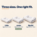 Three sizes: Little (2–4 yrs, 6 cm), Junior (4–8 yrs, 8 cm), Big Kid (8–12 yrs, 10 cm)