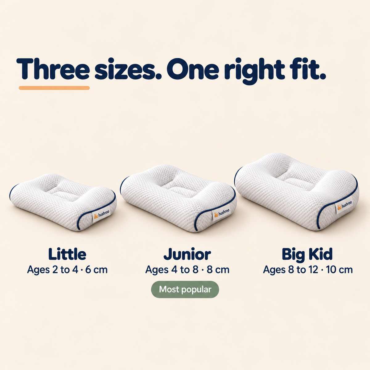 Three sizes: Little (2–4 yrs, 6 cm), Junior (4–8 yrs, 8 cm), Big Kid (8–12 yrs, 10 cm)
