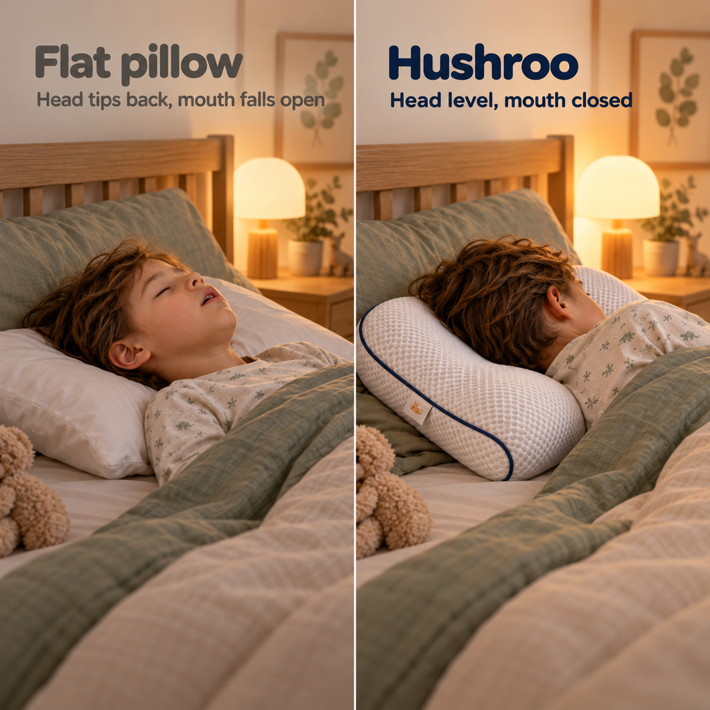 Flat pillow vs Hushroo: head tips back and mouth falls open, versus head level and mouth closed