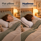 Flat pillow vs Hushroo: head tips back and mouth falls open, versus head level and mouth closed
