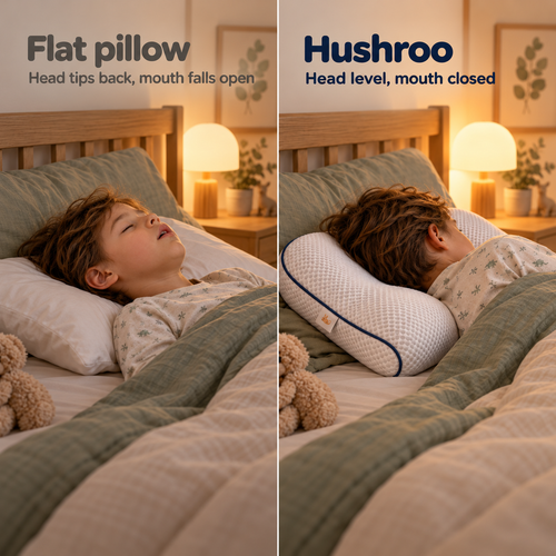 Flat pillow vs Hushroo: head tips back and mouth falls open, versus head level and mouth closed