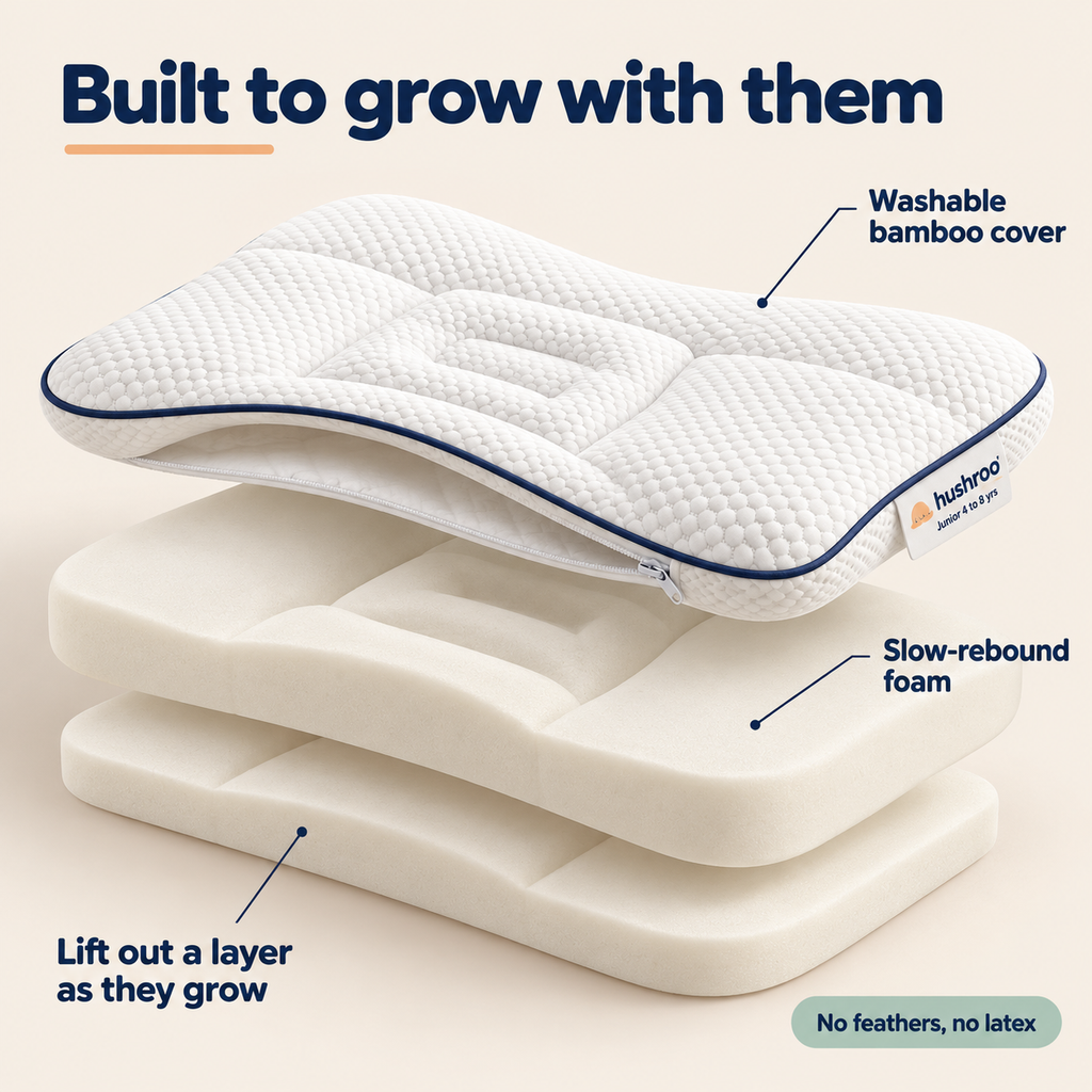 Exploded view: washable bamboo cover, slow-rebound foam core, removable layer to grow with them