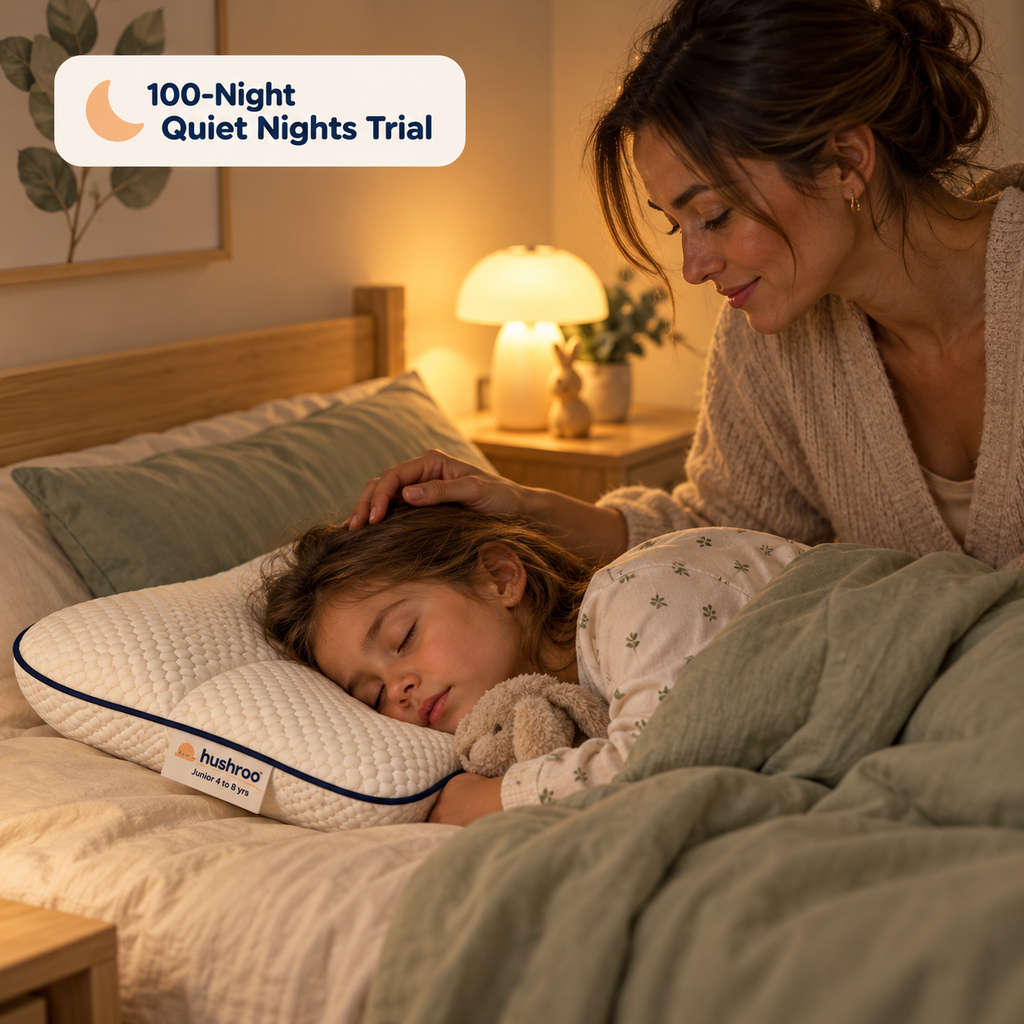 Mum tucking in her child asleep on a Hushroo pillow — 100-Night Quiet Nights Trial