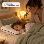 Mum tucking in her child asleep on a Hushroo pillow — 100-Night Quiet Nights Trial